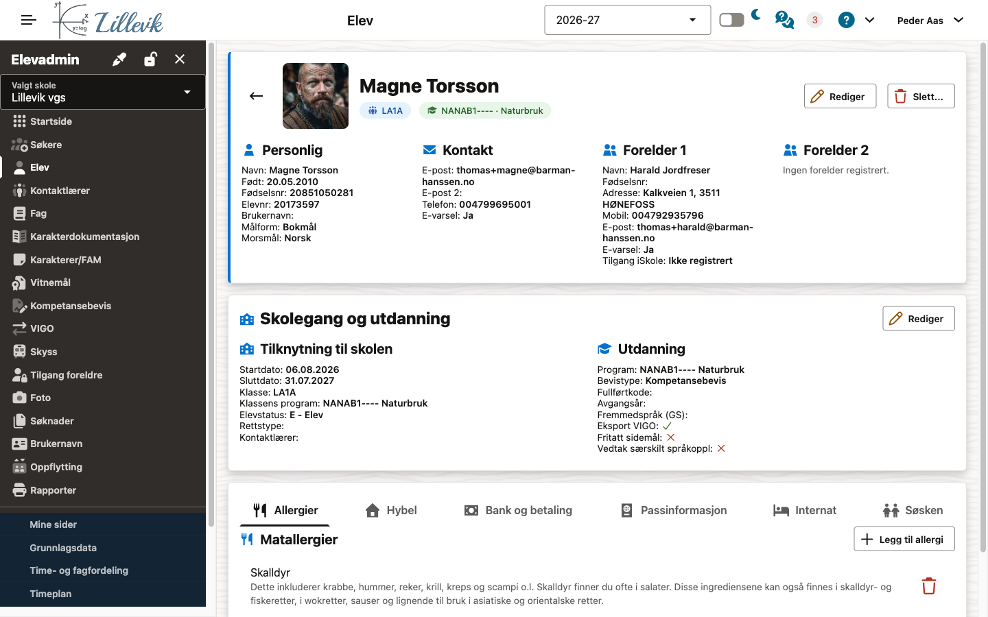 Elevsiden: persondata, skolegang og utdanning, og fanene under Annet Elevsiden