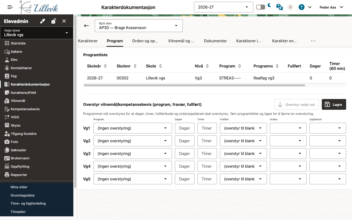Programlisten og overstyring av vitnemål/kompetansebevis Program-fanen