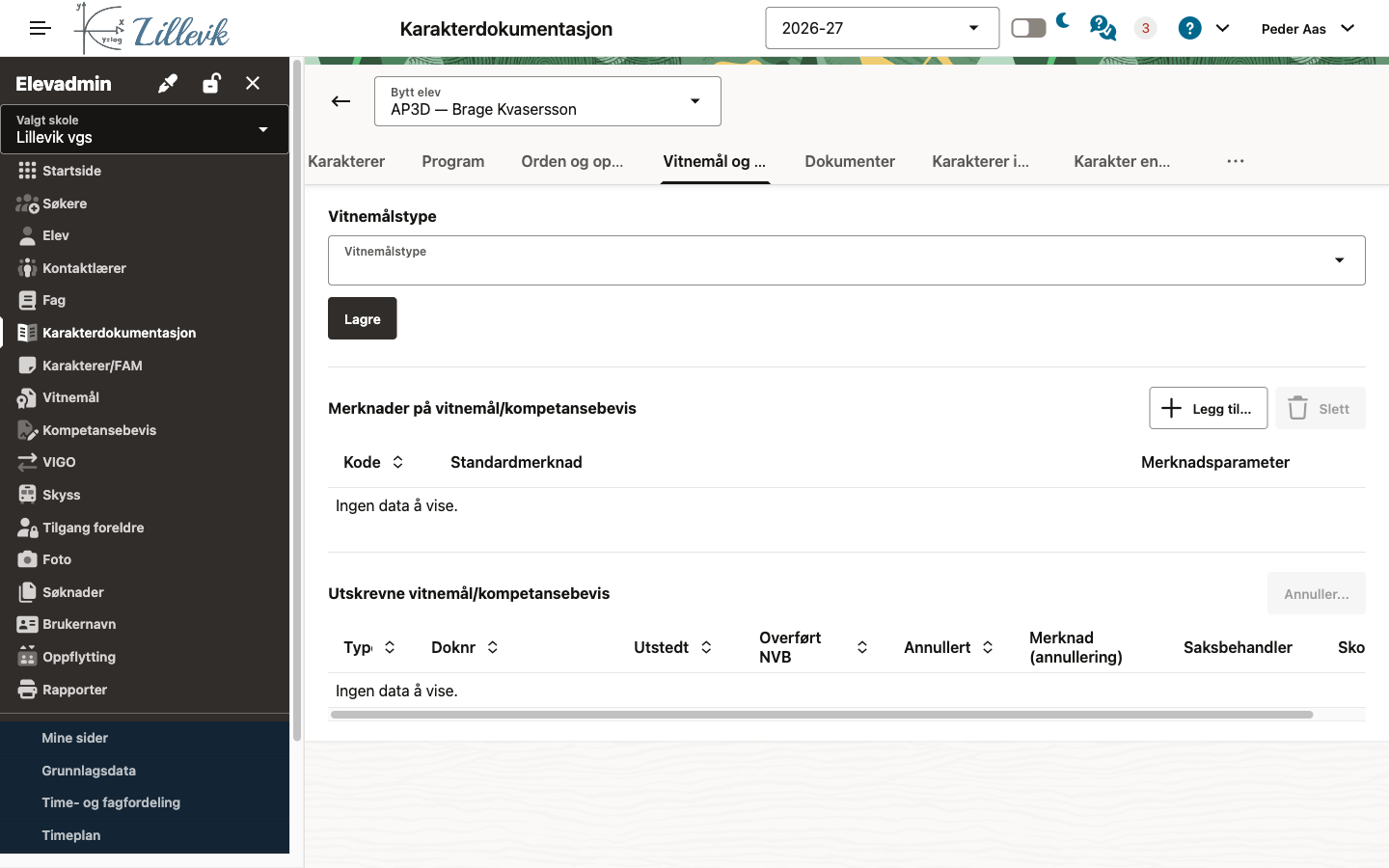 Vitnemålstype, merknader og utskrevne dokumenter Vitnemål og kompetansebevis-fanen