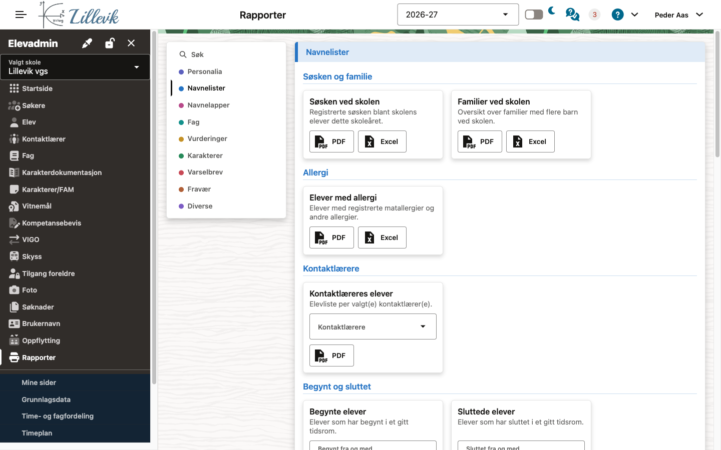 Rapportkort med parametre og PDF/Excel-knapper Navnelister