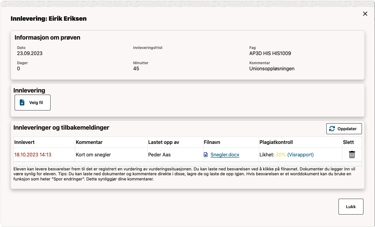 Oversikt over elevs innleveringer