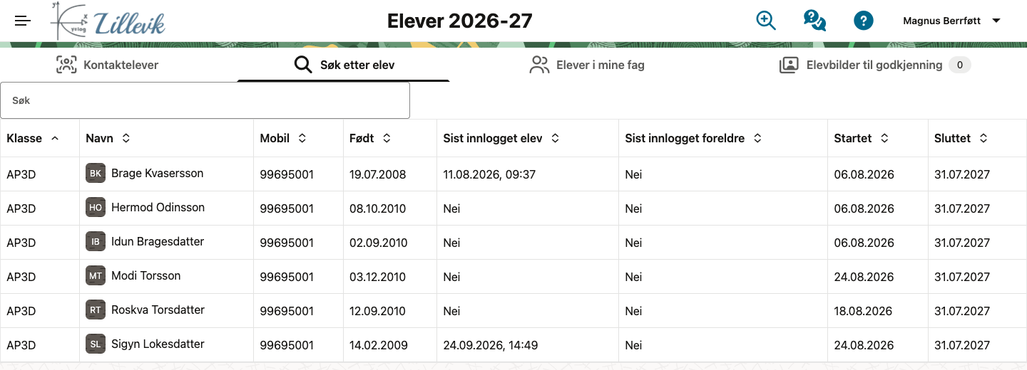 Søk etter elev