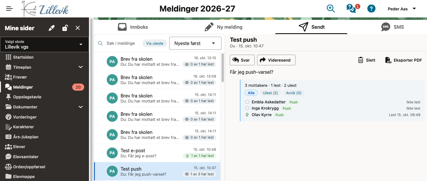Sendte meldinger med leveringsstatus Sendt