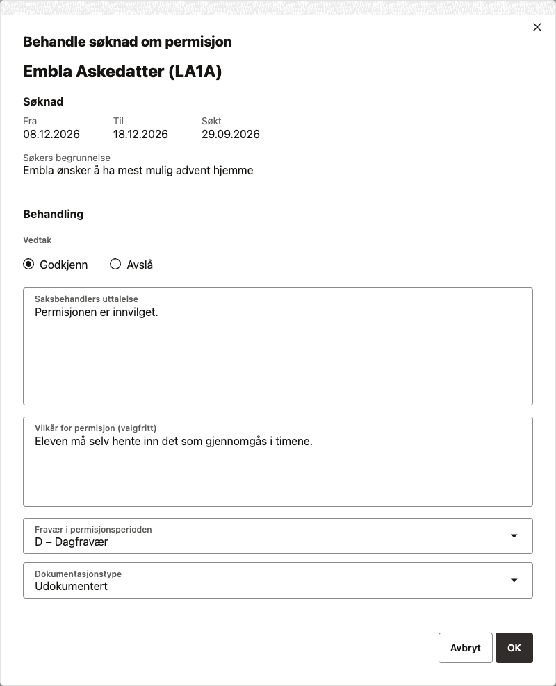 Behandle søknad om permisjon Behandle søknad